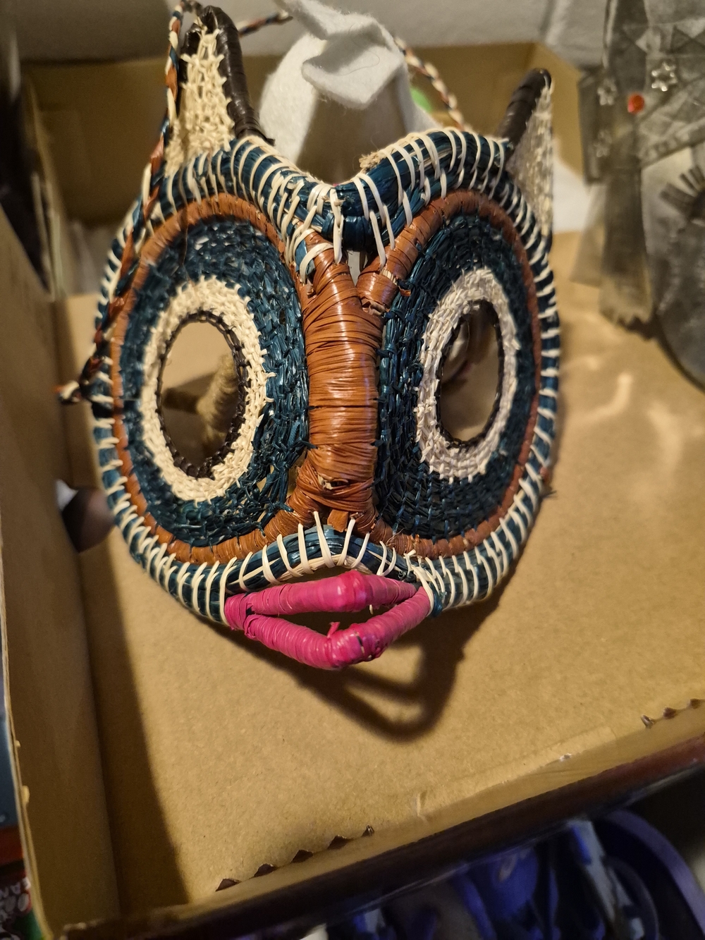 Handwoven Owl Face Accessory Mask in Teal, Brown & Pink